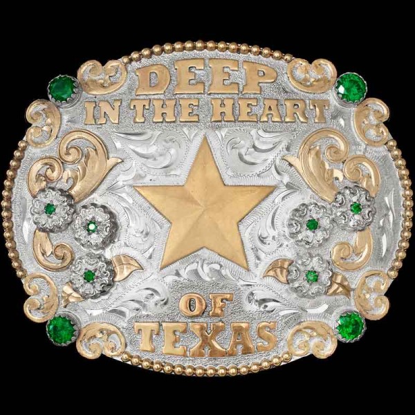 "The stars at night, are big and bright....." The Texas Belt Buckle is built on a shiny oval hand engraved base with bronze bead frame and silver flowers. Customize the absolute Texas Buckle today!